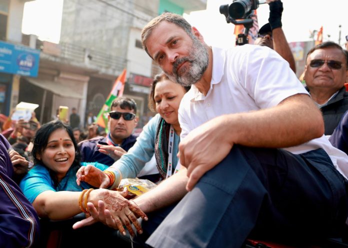 Congress leader Rahul Gandhi with supporters during the Bharat Jodo Nyay Yatra, in Pratapgarh district on Monday. (UNI) Congress leader Rahul Gandhi with supporters during the Bharat Jodo Nyay Yatra, in Pratapgarh district on Monday. (UNI)