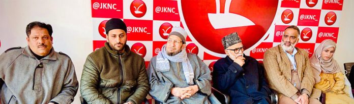 Senior NC leader Ali Mohd Sagar addressing party meeting in Srinagar.