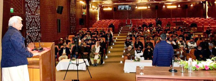 LG Manoj Sinha addressing Pahari leaders at Raj Bhawan, Srinagar on Thursday.