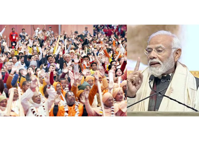 Prime Minister Narendra Modi addressing on 150th anniversary of Srila Prabhupada Ji at Bharat Mandapam, in New Delhi on Thursday. (UNI) Prime Minister Narendra Modi addressing on 150th anniversary of Srila Prabhupada Ji at Bharat Mandapam, in New Delhi on Thursday. (UNI)