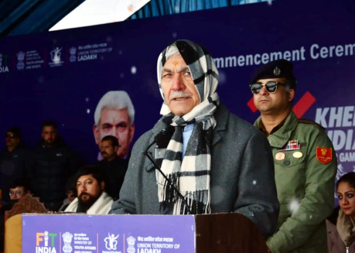 LG Manoj Sinha addressing after inauguration of snow sports event of 4th Khelo India Games in Gulmarg on Wednesday. LG Manoj Sinha addressing after inauguration of snow sports event of 4th Khelo India Games in Gulmarg on Wednesday.