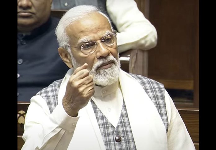Prime Minister Narendra Modi speaks in the Rajya Sabha during the budget session of Parliament, in New Delhi on Wednesday. (UNI)