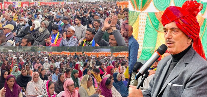 DPAP chairman Ghulam Nabi Azad addressing a mammoth public meeting in Kalakote on Monday. DPAP chairman Ghulam Nabi Azad addressing a mammoth public meeting in Kalakote on Monday.