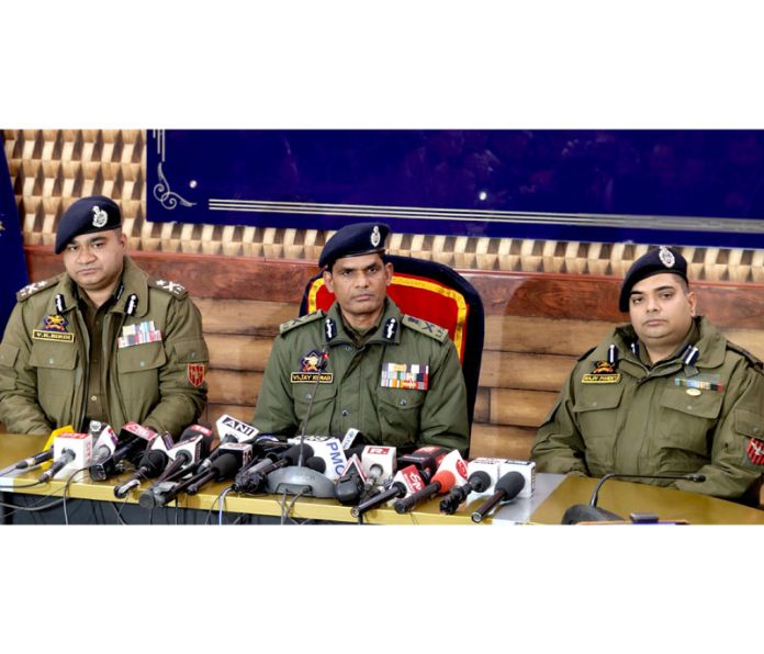 ADGP Vijay Kumar and IGP Kashmir VK Birdi addressing a press conference in Srinagar on Tuesday. -Excelsior/Shakeel
