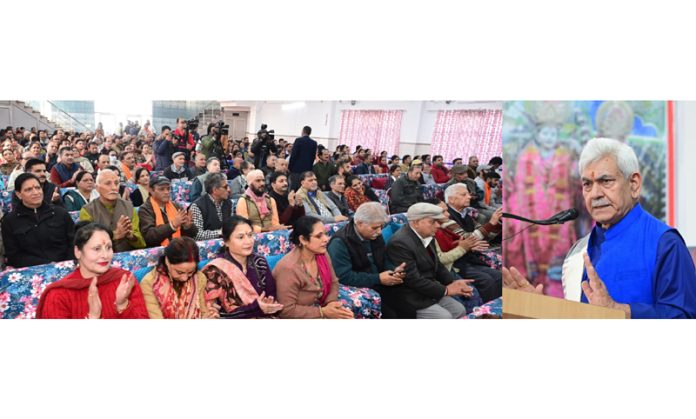 LG Manoj Sinha addressing the gathering at Paloura on Friday.