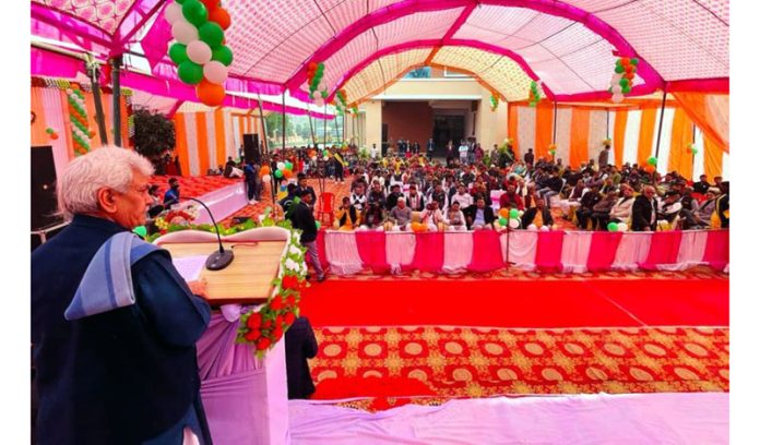 LG Manoj Sinha addressing a function at Varanasi on Wednesday.