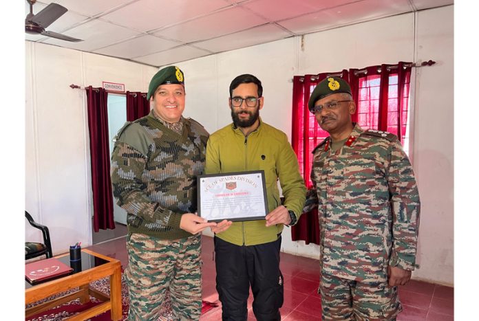 Excelsior scribe Rahi Kapoor being honoured by senior Army officers on Saturday.