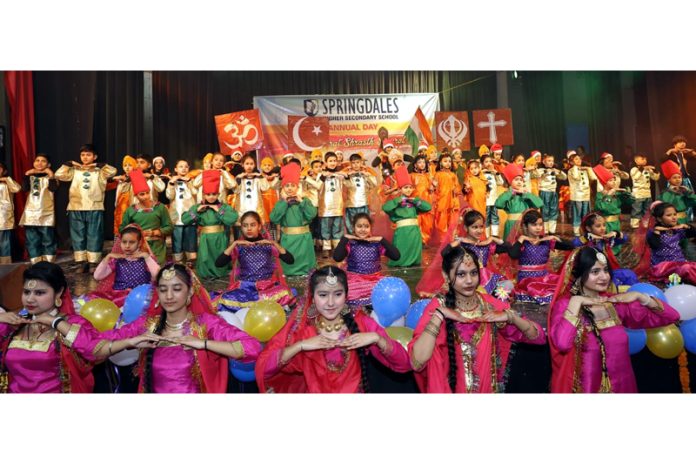 Students of Springdales Higher Secondary School Jammu presenting cultural items during the Annual Day event on Monday. Students of Springdales Higher Secondary School Jammu presenting cultural items during the Annual Day event on Monday.