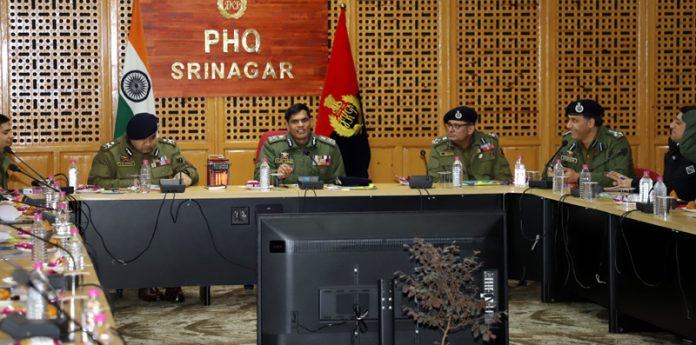 Additional Director General of Police, Armed/L&O J&K Vijay Kumar chairing a meeting in Srinagar on Monday.