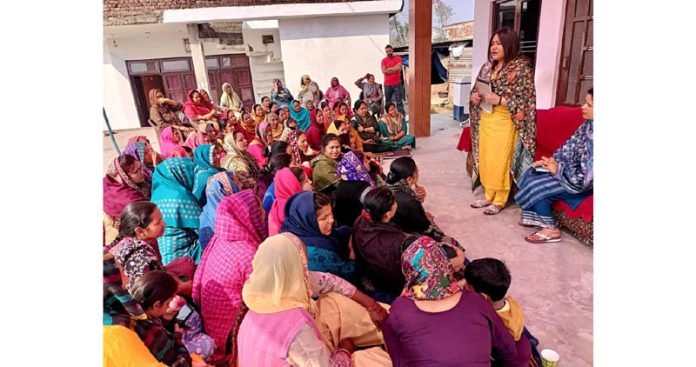 BJP leader Ritika Trehan addressing a gathering at Ismailpur Kothey Village of Bishnah in Jammu on Friday.