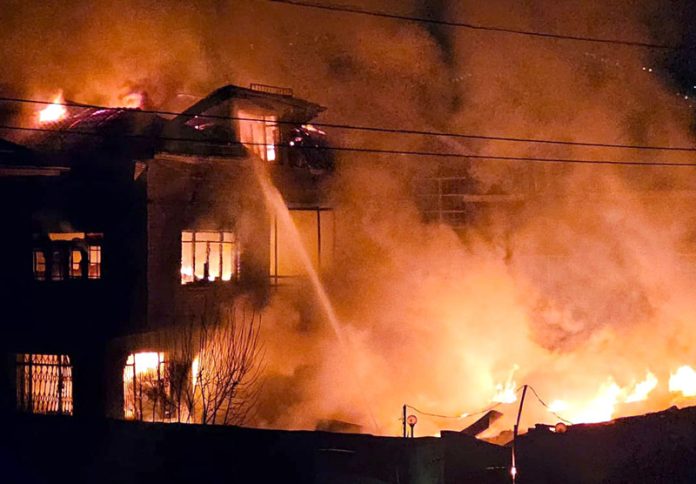 Late night blaze at Bagh-e-Mehtab area of Srinagar on Wednesday.