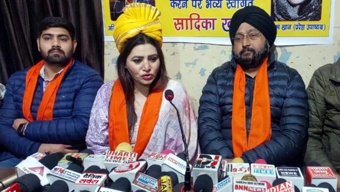 Pradesh vice president of Shri Amarnath Ji Yatra Welfare Society, Saadika Khan addressing media persons at Jammu.