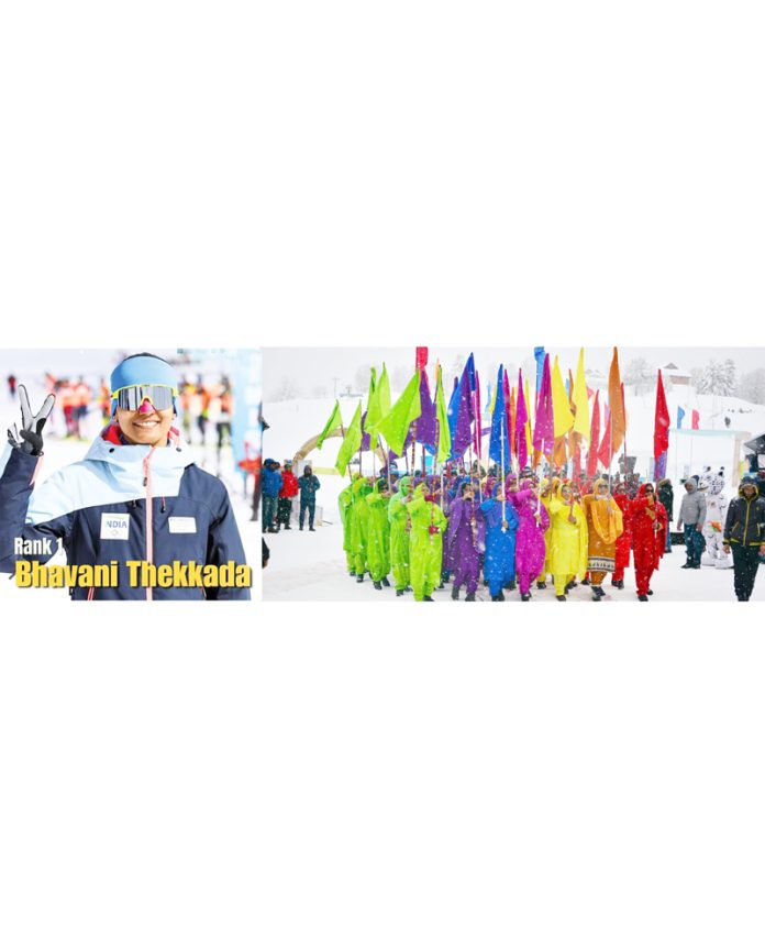 Bhavani Thekkada from Karnataka who win Nordic Skiing event showing victory signs (L) and contingents holding flags (R) during Winter Sports Games inauguration. — Excelsior/Aabid Nabi