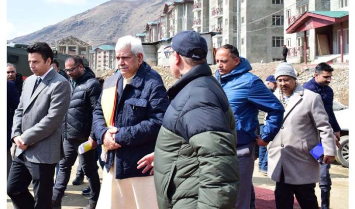 LG Manoj Sinha during visit to Zewan in Srinagar on Thursday.