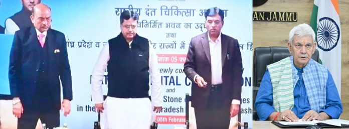 Union Health Minister virtually laying foundation stone of Nursing College at Handwara (L) and LG attending the ceremony (R).