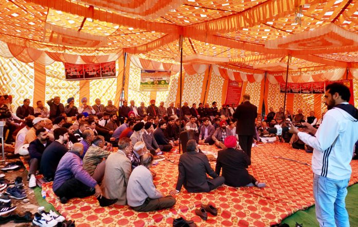 JK Grameen Bank employees staging protest dharna in front of JKGB head office at Narwal in Jammu.