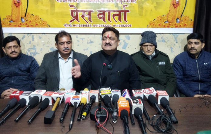 SAYWS president, Kiran Wattal addressing a press conference at Jammu on Saturday.