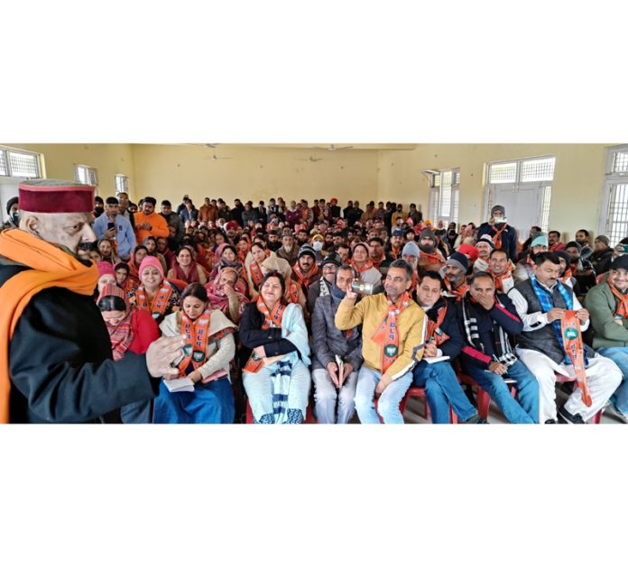 Senior BJP leader Devender Singh Rana addressing a gathering in Sunderbani on Sunday. Senior BJP leader Devender Singh Rana addressing a gathering in Sunderbani on Sunday.