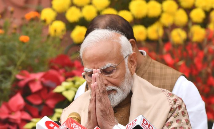 Prime Minister Narendra Modi address the media on the first day of the budget session of Parliament, in New Delhi on Wednesday. (UNI)