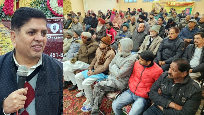 SOS Intl leader Rajiv Chuni addressing PoJK DPs rally in Jammu on Sunday. -Excelsior/Rakesh
