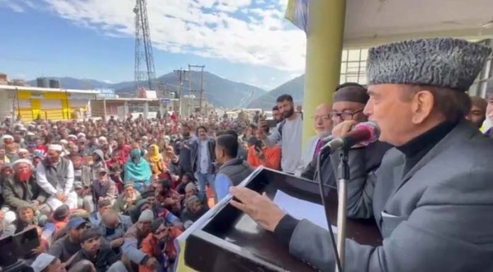 DPAP chairman Ghulam Nabi Azad addressing party convention in Doda on Wednesday. -Excelsior/Tilak Raj
