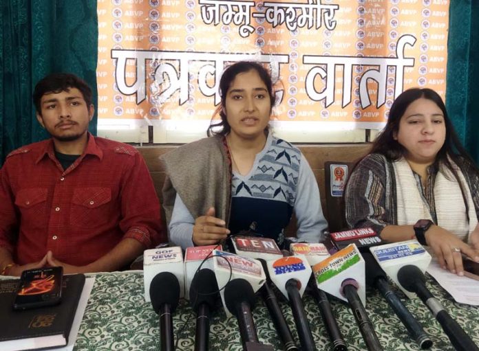ABVP leaders addressing press conference at Jammu on Friday. -Excelsior/Rakesh ABVP leaders addressing press conference at Jammu on Friday. -Excelsior/Rakesh