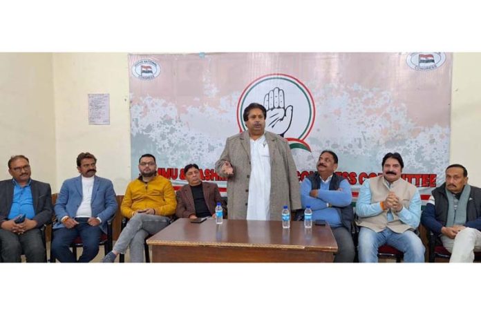 JKPCC working president, Raman Bhalla addressing party functionaries in Jammu on Friday.