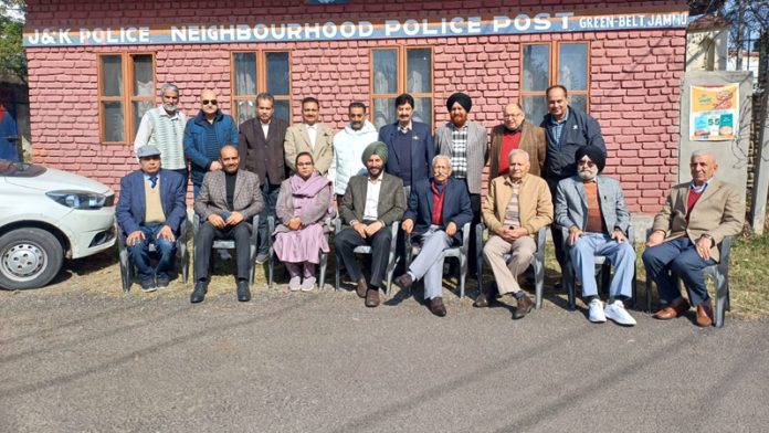 Retired police personnel during their monthly meeting in Jammu on Tuesday.