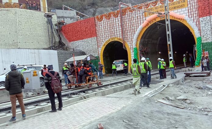 Dinesh Chand Deshwal, CRS, Northern Circle inspecting the rail line between Khari-Sumbar, Sumbar-Sangaldan on Thursday. Dinesh Chand Deshwal, CRS, Northern Circle inspecting the rail line between Khari-Sumbar, Sumbar-Sangaldan on Thursday.