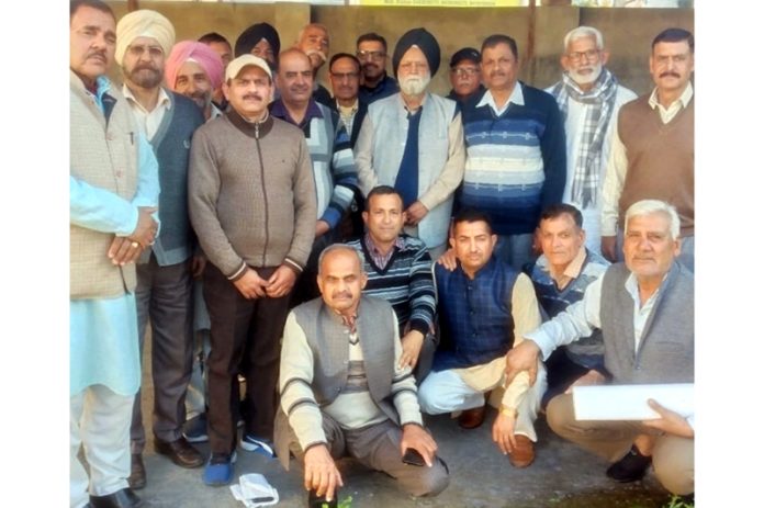 Ex-servicemen during meeting at Akhnoor on Sunday.