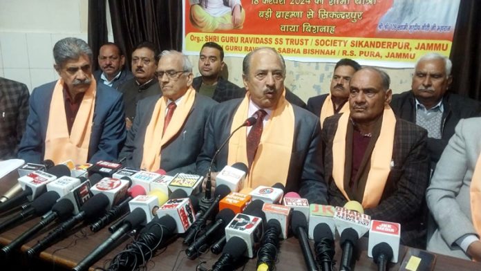 Chairman, Shri Guru Ravi Dass SS Trust, C L Banal, flanked by others addressing a press conference in Jammu. Chairman, Shri Guru Ravi Dass SS Trust, C L Banal, flanked by others addressing a press conference in Jammu.