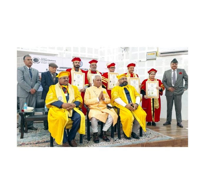 Some prominent personalities of Jammu who were conferred doctor’s degrees by UNUGP at Jammu on Tuesday posing for a photograph with eminent scientist Dr Madhu Krishan. Some prominent personalities of Jammu who were conferred doctor’s degrees by UNUGP at Jammu on Tuesday posing for a photograph with eminent scientist Dr Madhu Krishan.