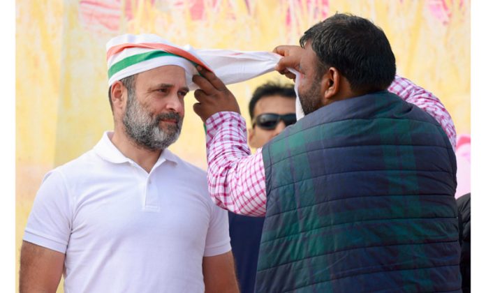 Congress leader Rahul Gandhi at the Kisan Nyay Mahapanchayat during Bharat Jodo Nyay Yatra at Tekari in Rohtash district of Bihar on Friday. (UNI)