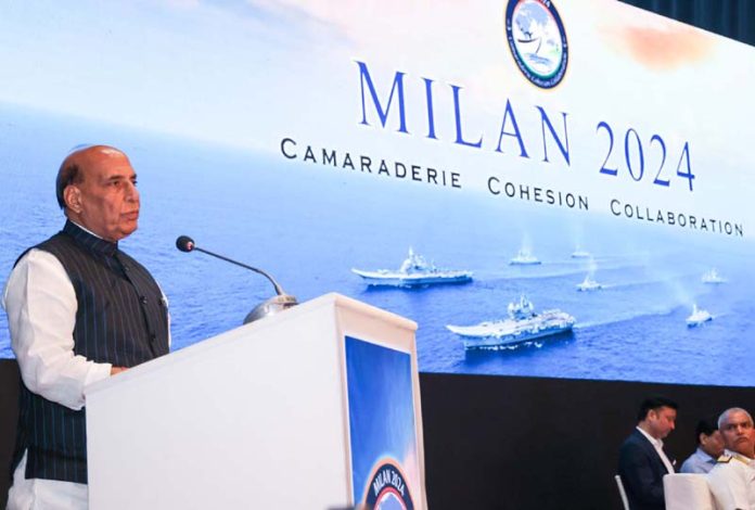Union Minister for Defence, Rajnath Singh addressing during the formal opening ceremony of Exercise MILAN 2024 at Visakhapatnam, in Andhra Pradesh.