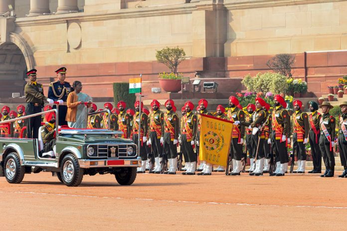President Droupadi Murmu inspects the Guard of Honour during the ceremonial change-over of the Army Guard Battalion stationed at Rashtrapati Bhavan, in New Delhi. President Droupadi Murmu inspects the Guard of Honour during the ceremonial change-over of the Army Guard Battalion stationed at Rashtrapati Bhavan, in New Delhi.