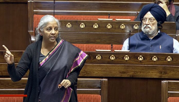 Union Finance Minister Nirmala Sitharaman speaks in the Rajya Sabha during the Budget session of Parliament, in New Delhi on Saturday. (tv grab) (UNI)