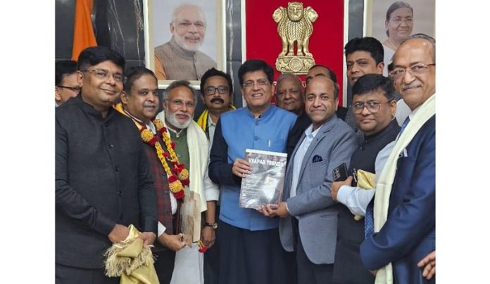 Cabinet Minister of Commerce and Industry, Piyush Goyal along with the members of National Trader's Welfare Board (NTWB) on Thursday.