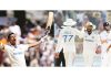 Yashasvi Jaiswal raising bat during his double ton(L) and Indian players celebrating victory against England (R) at Rajkot on Sunday.
