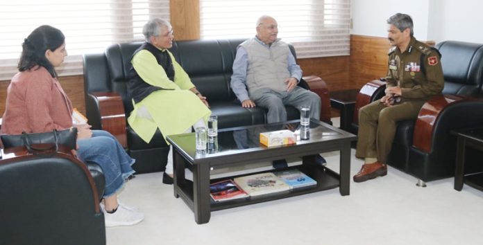 DGP RR Swain during meeting with retired Police Chief MN Sabharwal at Police Headquarters in Jammu on Wednesday.