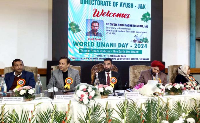 Dignitaries during World Unani Day function in Srinagar. -Excelsior/Shakeel