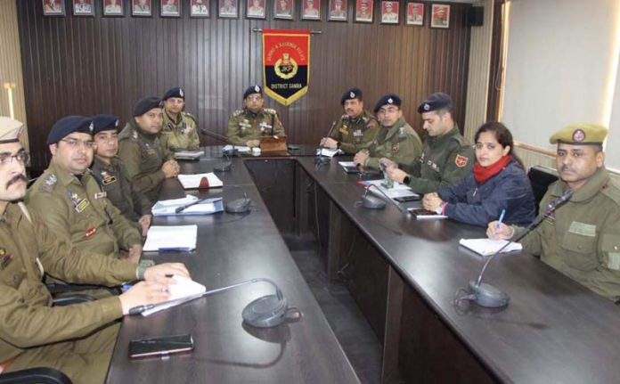 DIG Jammu, Kathua, Samba Range, Dr Sunil Gupta chairing a meeting on Monday.