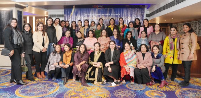 The women achievers who were awarded by FICCI FLO posing for a group photograph in Jammu on Monday.