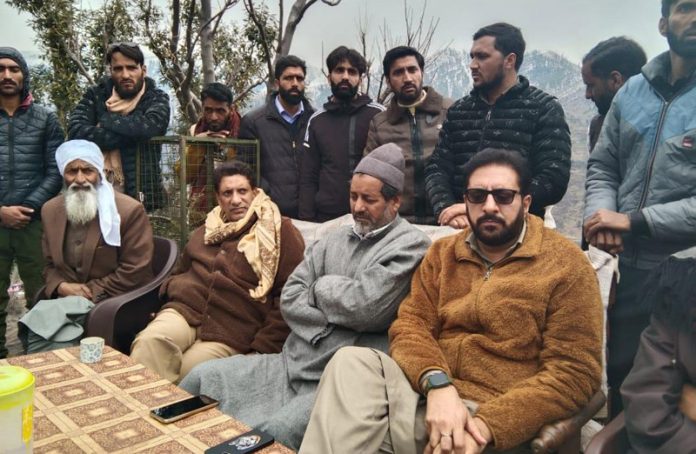 Apni Party Vice-President Aijaz Ahmed Khan addressing a party workers meet at Mahore on Monday.