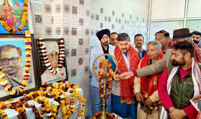 MP, Jugal Kishore Sharma and ex Minister, Sat Sharma lighting the lamp during the meeting of party’s All Cells at Bantalab.