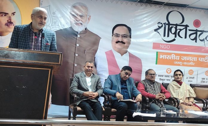 Sham Lal Sharma, former Minister and BJP vice president addressing a party meeting at Jammu on Monday. Sham Lal Sharma, former Minister and BJP vice president addressing a party meeting at Jammu on Monday.