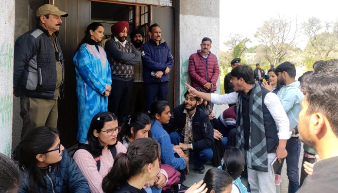 ABVP activists protesting in front of VC office at JU on Tuesday.
