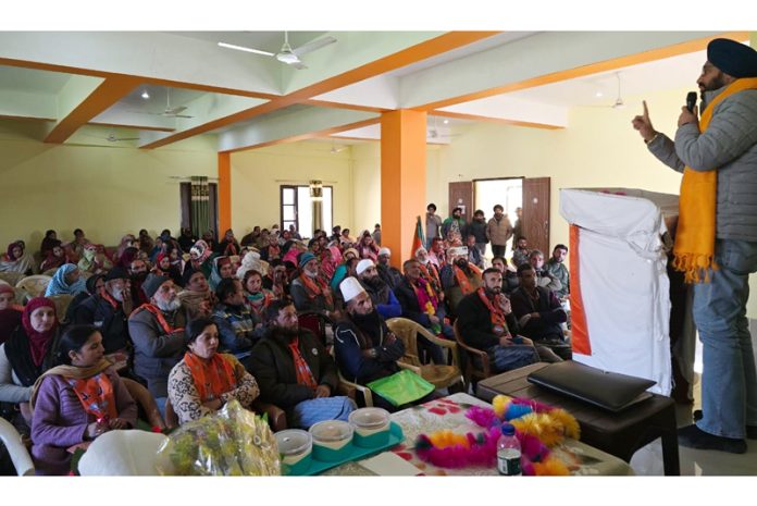 Senior BJP leader Ranjot Singh Nalwa addressing new entrants of the party at a function in Poonch district.
