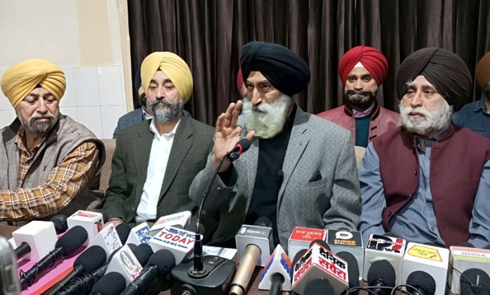 Sikh leaders addressing press conference at Jammu on Wednesday.