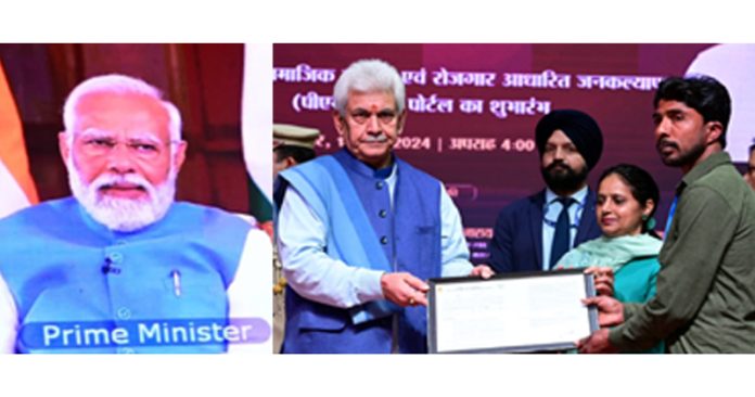 PM Narendra Modi interacts with a woman from Kathua (left) LG Manoj Sinha giving letter to a beneficiary (right).