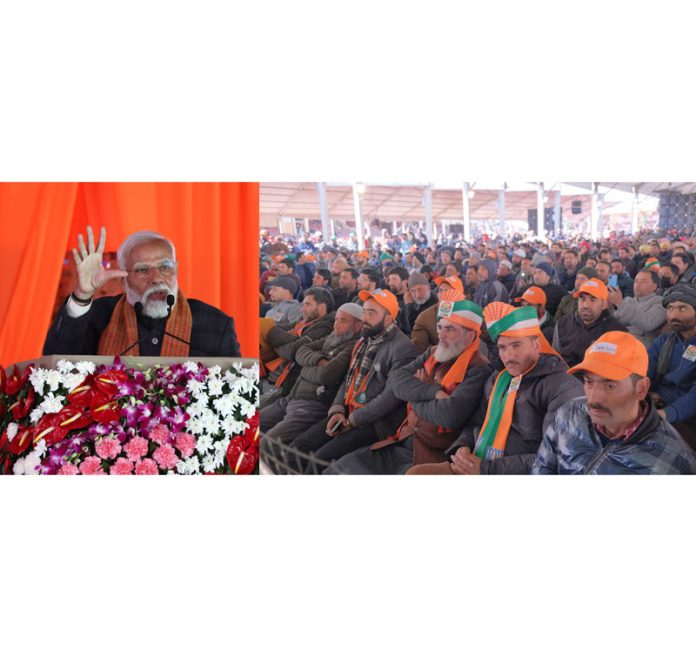 PM Narendra Modi addressing a huge rally at Bakshi Stadium, Srinagar on Thursday